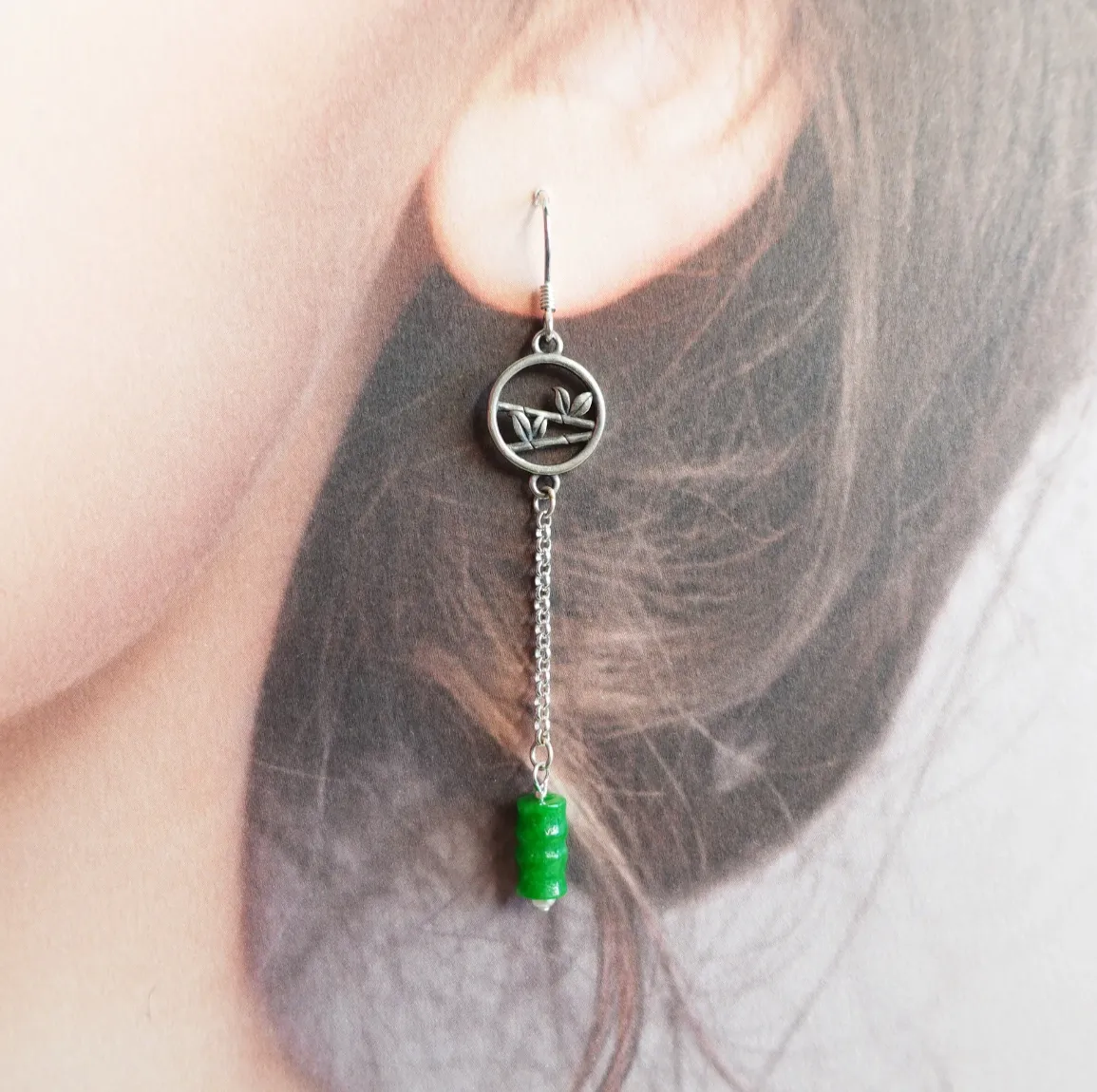 Bamboo Theme Green Jade Earrings