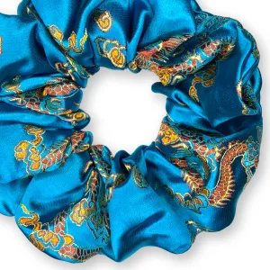 Chinese Dragon Scrunchies King Size XXL Brocade Satin Oversized Ponytail Holders Turquoise