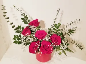 Half Dozen Red Roses in Red Ceramic Vase