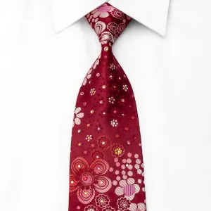 Mila Schon Men's Crystal Rhinestone Necktie Floral On Red With Silver Sparkles