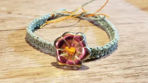 Natural Green & Orange Dyed Hemp 6.75" Bracelet with Czech Glass Flower Focal