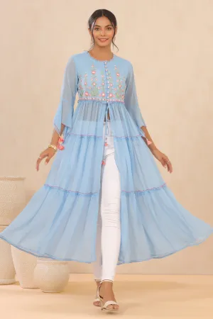 Powder Blue Chiffon Embroidered Tiered Kurta