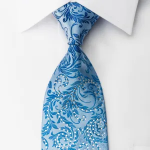 Remizio Rhinestone Silk Necktie Vines & Scrolls On Blue With Silver Sparkles