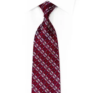 Silver Navy Geometric On Burgundy Rhinestone Silk Tie With Silver Sparkles