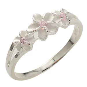 Three Plumeria 4-6-4mm Pink CZ Ring