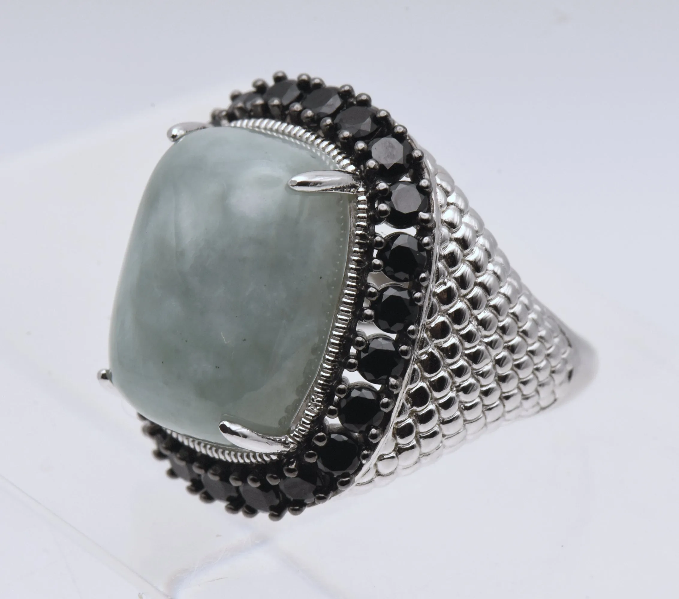 Vintage Sterling Silver Jade and Black Tourmaline Ring - Size 5