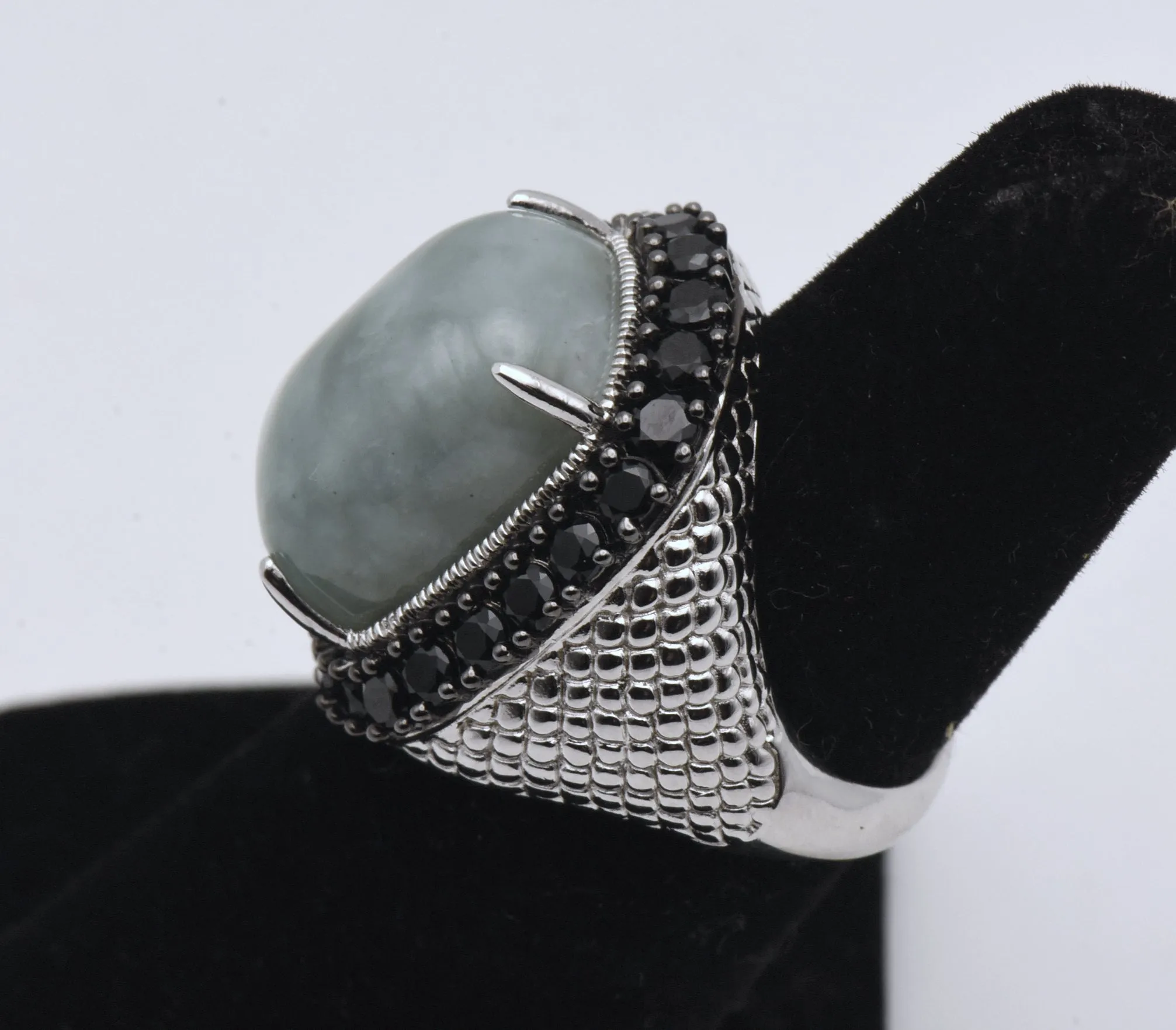 Vintage Sterling Silver Jade and Black Tourmaline Ring - Size 5