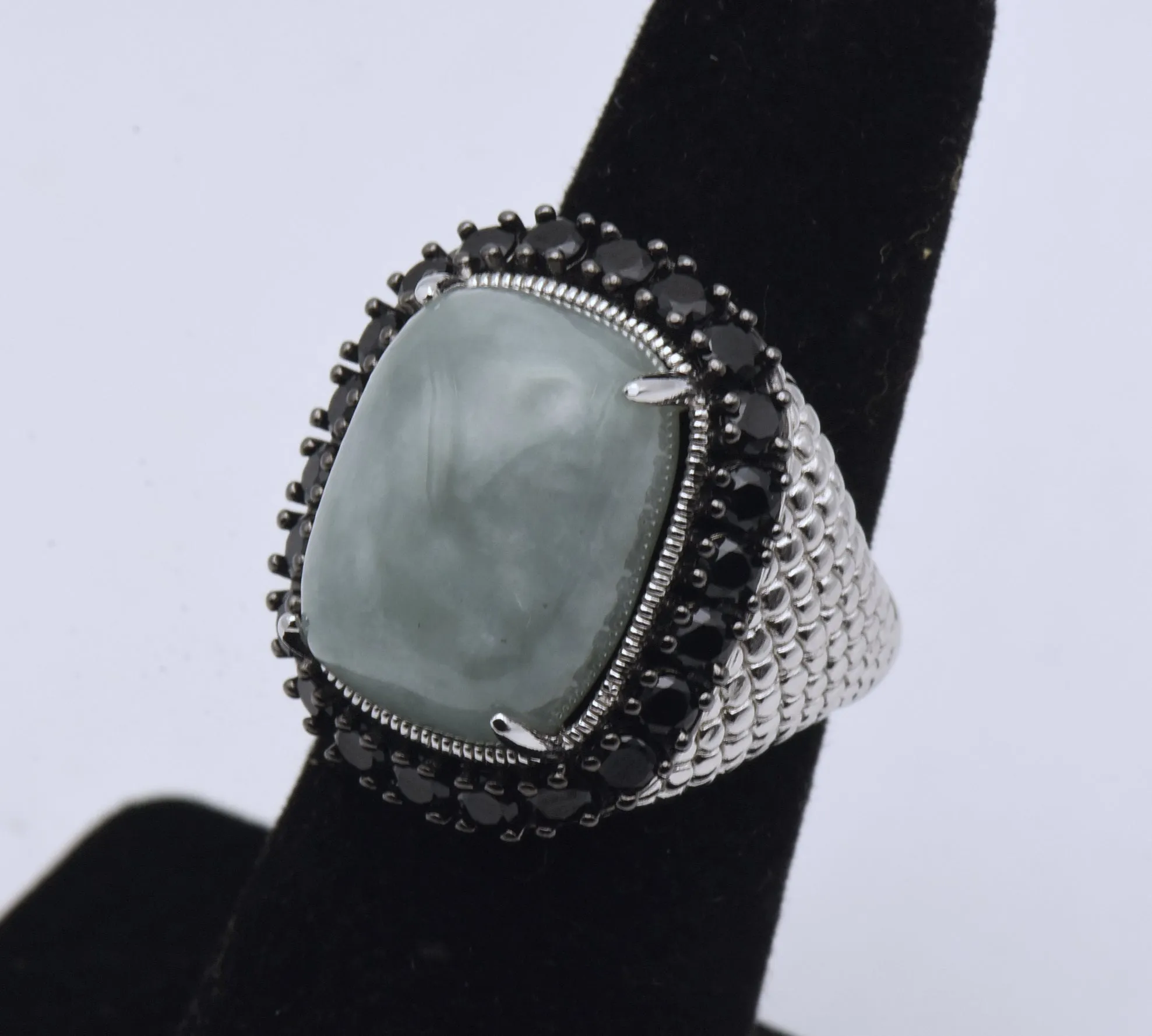 Vintage Sterling Silver Jade and Black Tourmaline Ring - Size 5