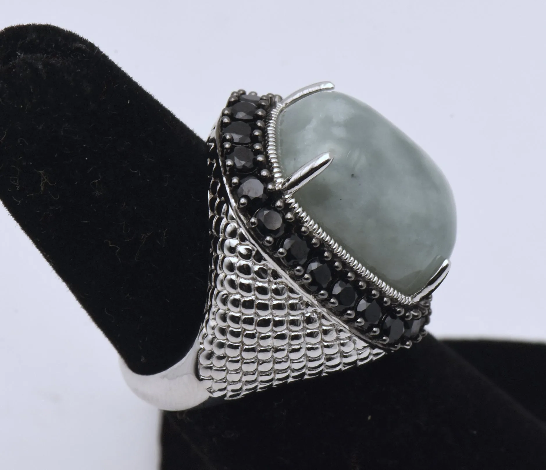 Vintage Sterling Silver Jade and Black Tourmaline Ring - Size 5