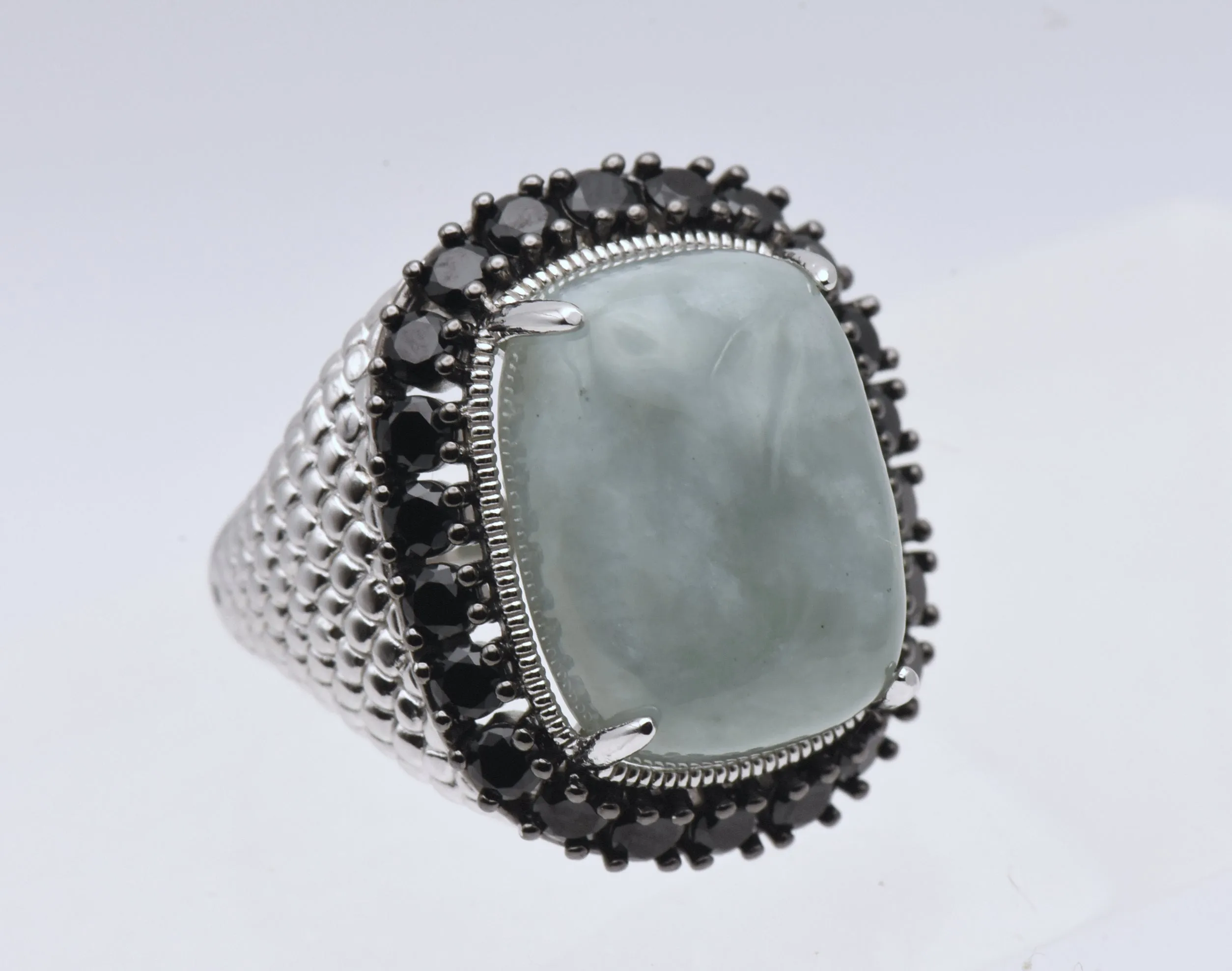 Vintage Sterling Silver Jade and Black Tourmaline Ring - Size 5