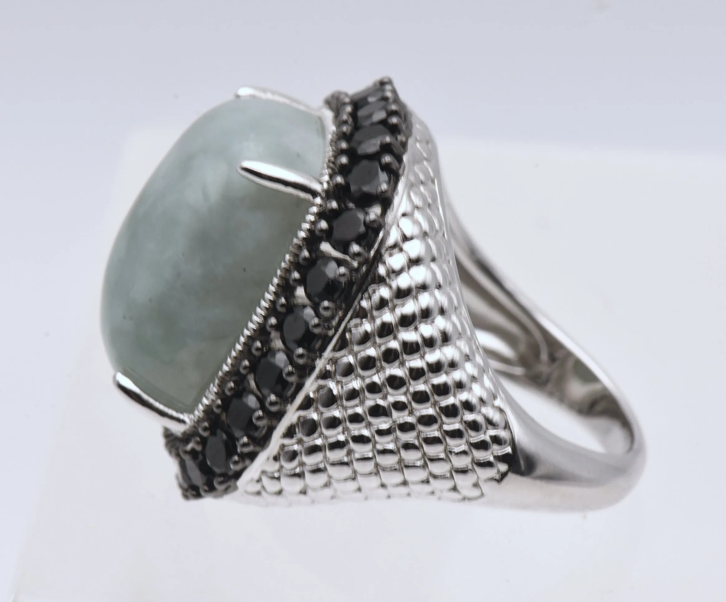 Vintage Sterling Silver Jade and Black Tourmaline Ring - Size 5